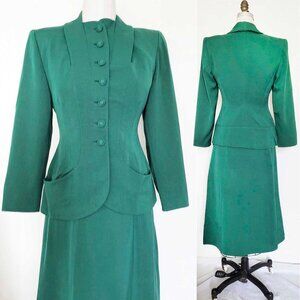 Youthcraft Womens 1940s 40s Vintage Wool Forest Green Gabardine Gab Skirt Suit